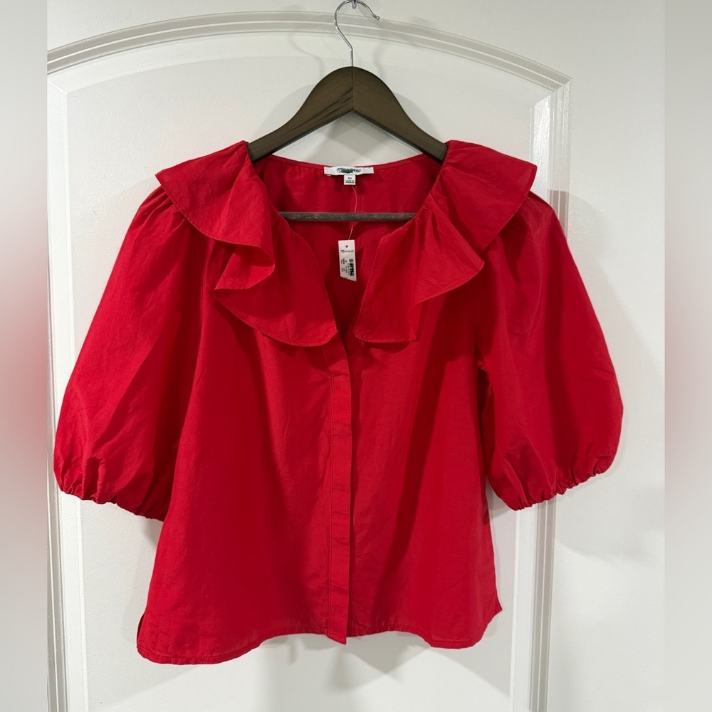 Madewell Ruffled Y-Neck Cotton-Silk Top Festival Red XS Puff Sleeve NWT - Picture 10 of 11